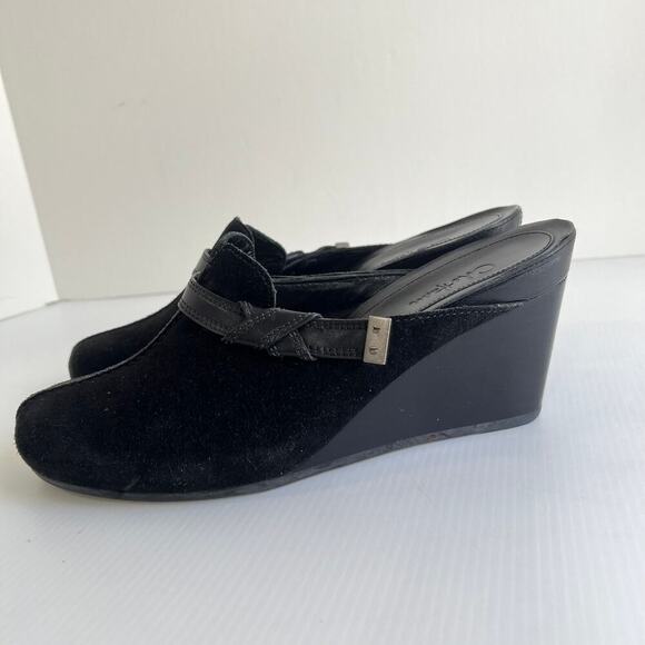 Cole Haan Black Suede Stitched Leather Mules Clogs Size 9.5 Wedge Hill Slip On - Picture 5 of 11